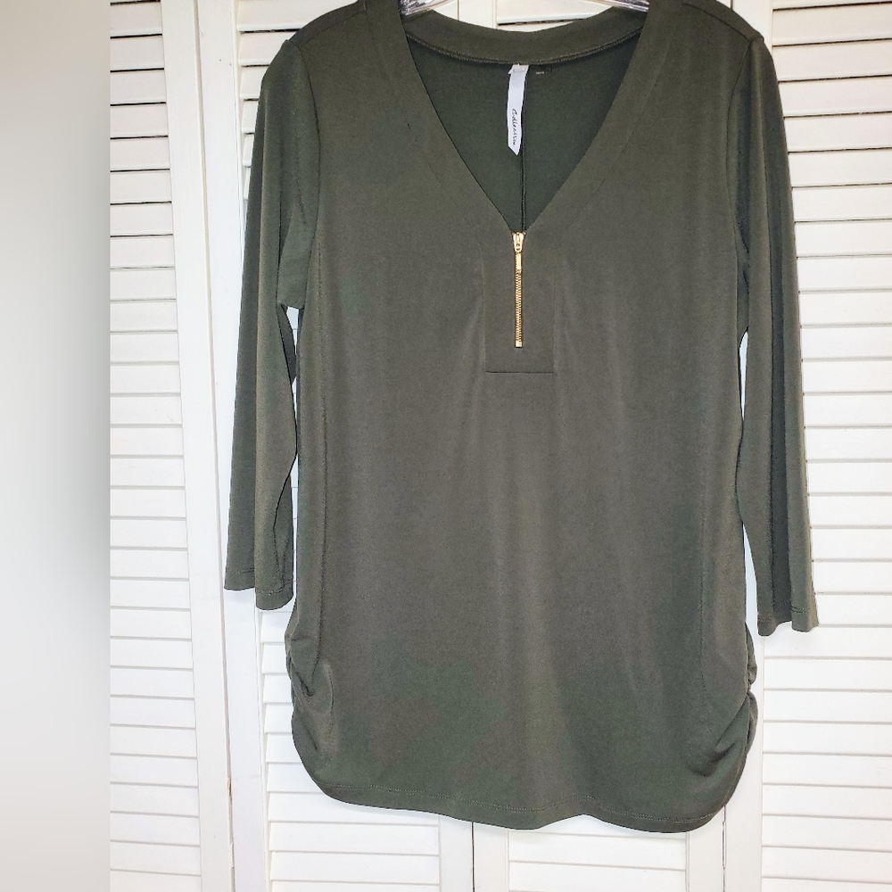 NY Collection Green 3/4 Sleeve Ruched Tunic Size Medium